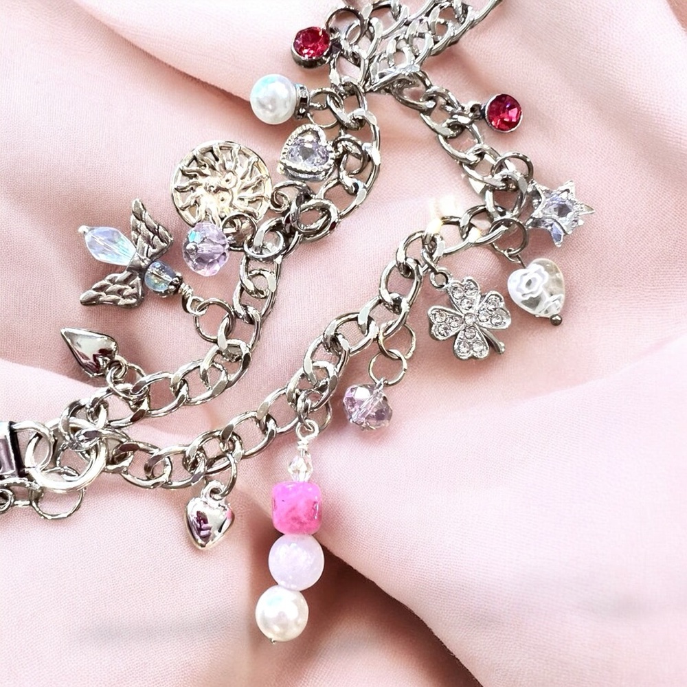 Pink and Silver toned Charm necklace with Love and Luck charms Rose Quartz 20”